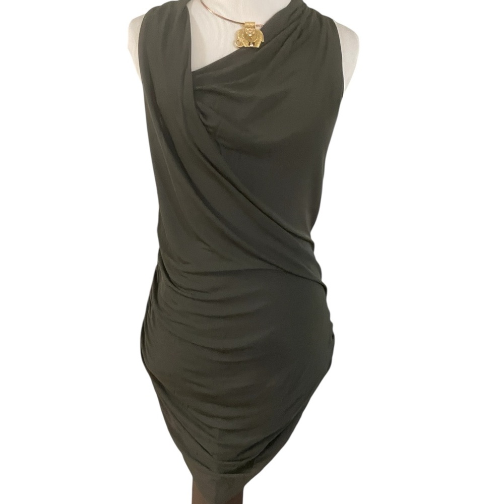 Helmut Lang asymmetrical dark green sleeveless cowl ruched top
